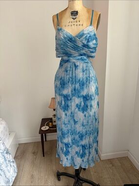 Aidan Mattox Blue Tie-Dye Pleated Maxi Dress with Spaghetti Straps & cut outs.